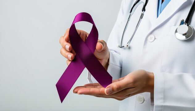 Hope in Healthcare: A compassionate healthcare provider showcases a purple ribbon, symbolizing support and awareness.