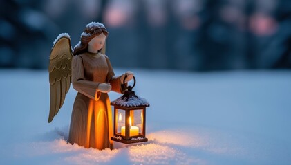 Fototapeta premium Winter Angel's Vigil: A serene angel figure, gently illuminated by a glowing lantern, stands peacefully amidst a snowy landscape, evoking a sense of hope and tranquility.