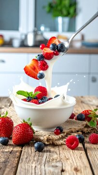 Fresh Berries and Milk Splash in a Bowl on a Rustic Wooden Table.