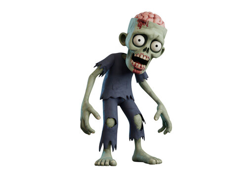 Cartoon style zombie character with exposed brain and torn clothing on a white background isolated on a transparent background