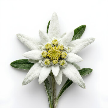 Closeup of a beautiful Edelweiss flower with white petals and green leaves.