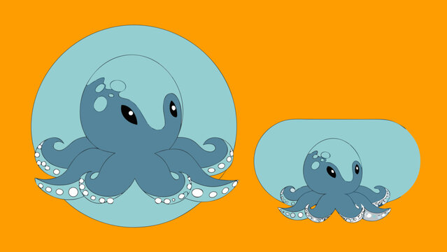 Two cartoon octopuses are depicted in different sizes against an orange background.