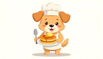Obraz premium Clean flat vector illustration of an adorable puppy chef with pancakes, optimized for SVG and EPS formats. Simple shapes, limited colors, and scalable design ideal for logos, stickers, packaging, chil