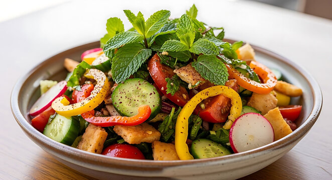 Fattoush salad featuring crisp vegetables and toasted bread pieces is topped with a generous bunch of fresh mint.
