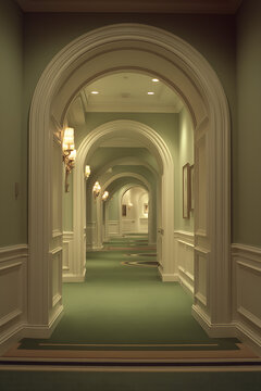 Elegant Green Hallway Architecture: Luxurious Hotel Interior Design with Arched Ceilings and Soft Lighting