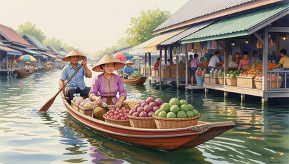 Obraz premium Floating Market Life: A vibrant scene unfolds at a bustling floating market. Vendors navigate their wooden boats laden with fresh produce through the serene waters.