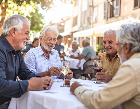 Happy senior men enjoying drinks and conversation at an outdoor cafe.