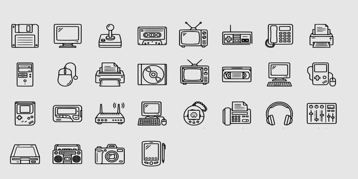 icon sheet collection of nostalgic retro technology and vintage electronics featuring old computers, cassette tapes, floppy disks, and classic gaming.