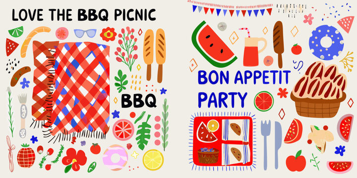 Colorful illustration of a barbecue picnic with food and decorations