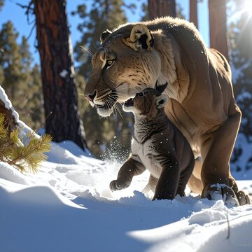 Lioness and cub walking through a snowy forest on a sunny day.