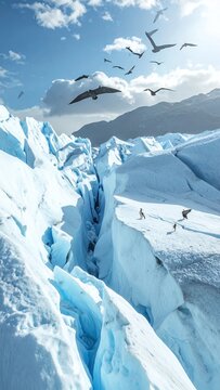 Majestic Glacier Crevasse with Soaring Birds Under a Bright Sky.