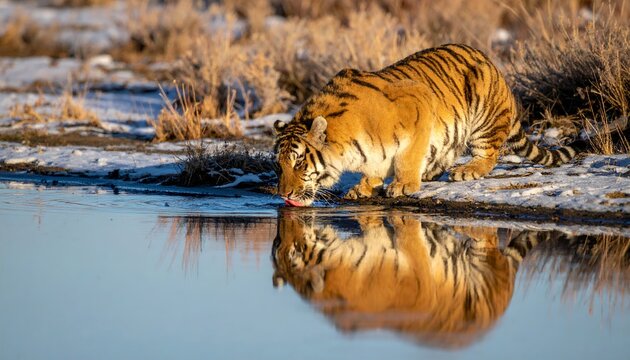 Majestic Siberian Tiger Quenches Thirst at Icy Waterhole in Winter Wilderness.