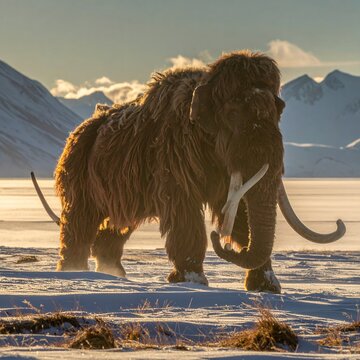 Majestic Woolly Mammoth Roaming a Frozen Arctic Landscape at Sunset.