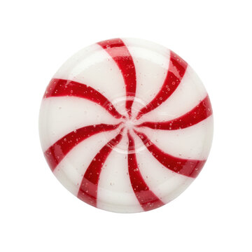 Single round peppermint candy with red and white spiral patterns and a glossy translucent surface isolated on a white background, festive holiday atmosphere