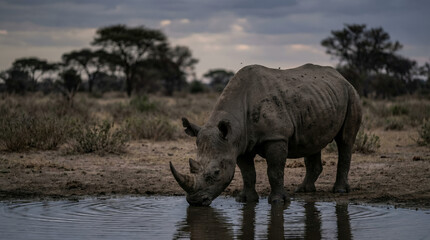 Fototapeta premium Black Rhinoceros at Waterhole in Soft Dusk Light