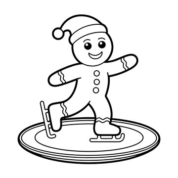 Gingerbread Man Ice Skating Holiday Fun: Cheerful Cartoon Coloring Page in Snowy Scene for Festive, Playful Winter Activities