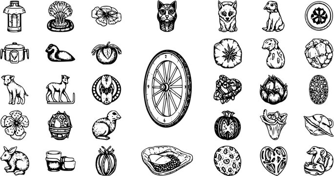 Sketch Art: Wheel, Cat, Dogs, Duck, Food, Shell, Heart Vector Illustration