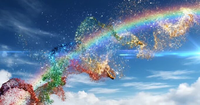 Colorful abstract rainbow wave of splashes against a blue sky with clouds in the background