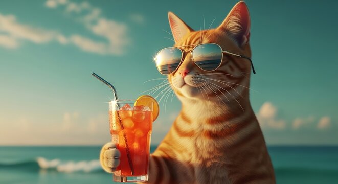 A cute cat enjoys a perfect summer day on the beach, sipping a refreshing tropical cocktail while wearing stylish sunglasses, embodying the ultimate vacation relaxation