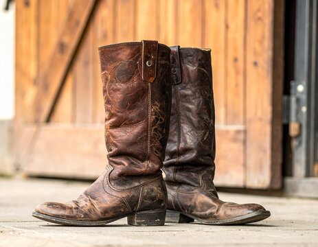 Rustic brown leather cowboy boots standing on a wooden floor in front of a barn door, showcasing vintage western style and craftsmanship.