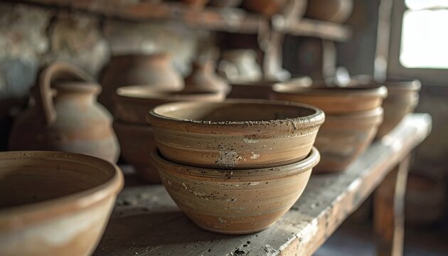 Rustic Clay Bowls Stacked on a Weathered Wooden Shelf in a Traditional Pottery Workshop.