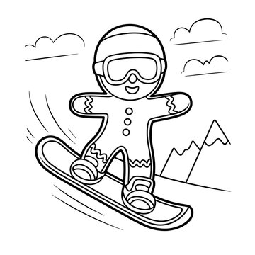 Child-Friendly Gingerbread Snowboard Adventure: Funny Cartoon Coloring Page for Winter Sports and Festive Fun