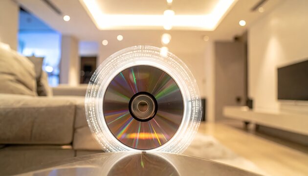 Shiny CD spinning in a modern living room with blurred background.