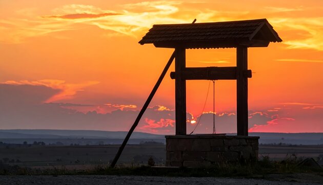 Silhouette of a traditional well against a vibrant orange and purple sunset sky in a rural landscape.