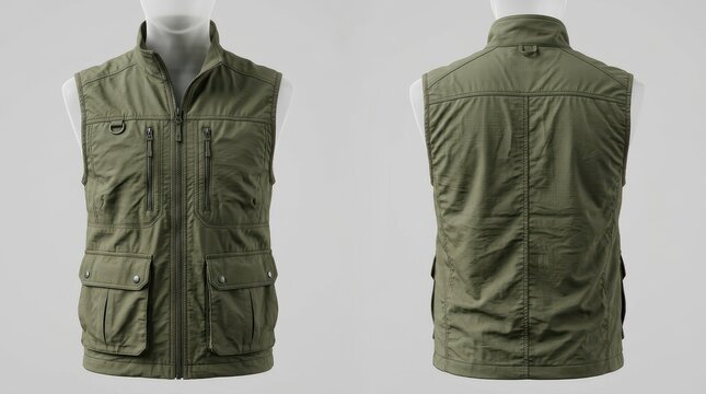 Essential outdoor gear for the active individual a versatile men's olive green utility vest, featuring numerous practical pockets, presented on a mannequin