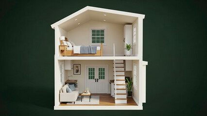 Fototapeta premium Cross-section of a miniature house with interior details and design, isolated.