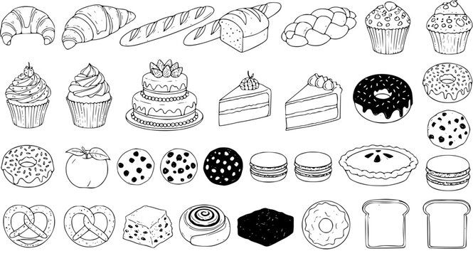 Bakery Goods Line Art: Pastries, Bread, Cakes, Donuts, Cookies, and Macarons Vector Illustration