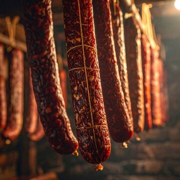 Smoked Sausages Hanging in a Traditional Smokehouse, Curing Process for Homemade Meat Delicacies.
