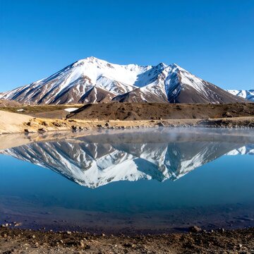 Snow-capped mountain reflecting in a tranquil lake under a clear blue sky.