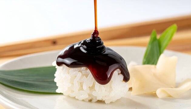 Soy Sauce Drizzled Over Freshly Prepared Sushi Rice Ball on a White Plate.