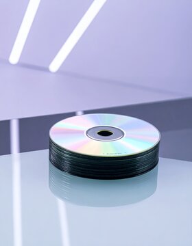 Stack of CDs on a reflective surface with a light purple background.