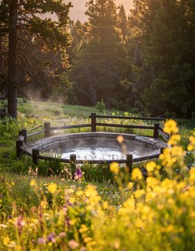 Steaming Hot Spring in a Lush Meadow at Sunset.