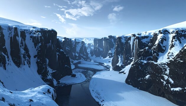 Stunning Winter Canyon Landscape with Frozen River and Snow-Covered Cliffs Under a Blue Sky.