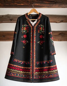 Traditional Black Embroidered Coat Hanging on Wooden Wall.