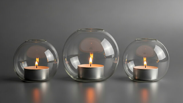 Three glass candle holders with lit candles, clear glass. and gray background.