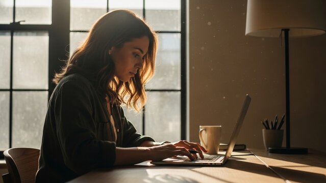 Young Woman Working on Laptop at Home Office with Warm Sunset Lighting