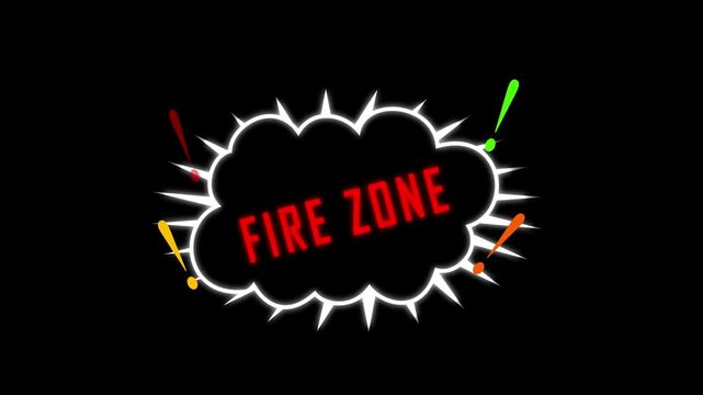 Explosive fire zone sign animation with dynamic burst effect and bold red text