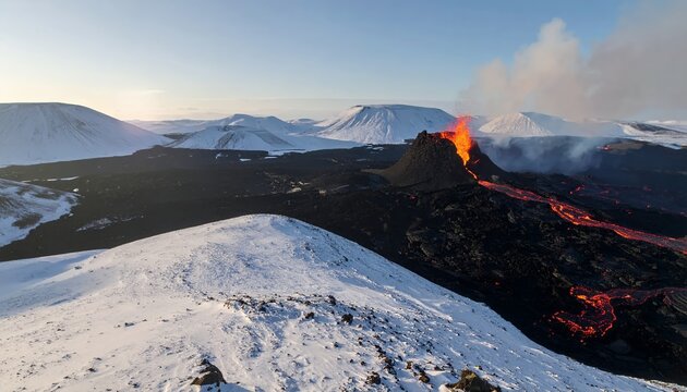 Volcanic Eruption in Snowy Landscape with Flowing Lava and Distant Mountains.