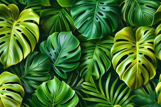 Vibrant Green Tropical Leaves in Close-Up View