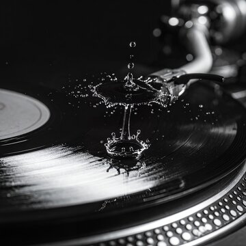 Water Droplet Splash on Vinyl Record in Black and White.