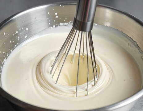 Whisking Cream in a Metal Bowl for Culinary Preparation.