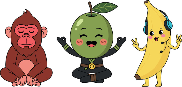 Cute fruit and animal characters set with meditating monkey happy avocado and banana cartoon vector illustration collection