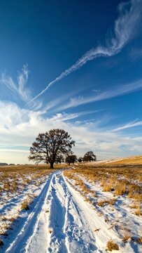 Winter Wonderland - Snow-Covered Path Leading to Majestic Oak Trees Under a Vast Blue Sky.