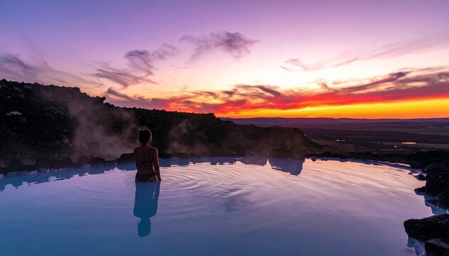 Woman enjoying a serene sunset in a geothermal hot spring in Iceland.