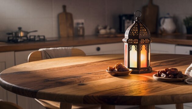 Ramadan lantern and dates on a wooden table in a warm kitchen setting.