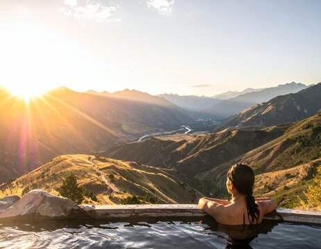 Woman Relaxes in Hot Tub Overlooking Stunning Mountain Valley at Sunset.
